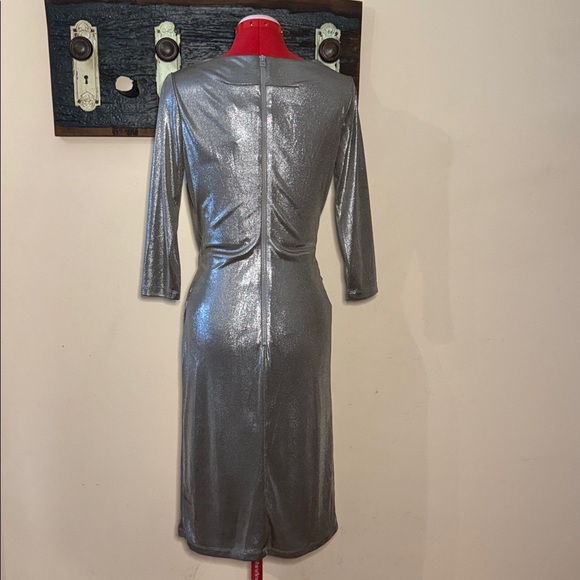 Pink Tartan Metallic Platinum Silver Drape Twist Long Sleeve Dress Size XS - Picture 11 of 14